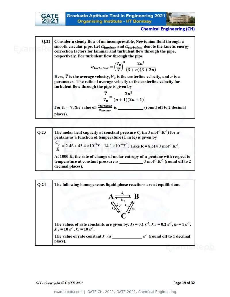 GATE CH 2021 question paper, GATE 2021, Chemical Engineering, page 19 of 35