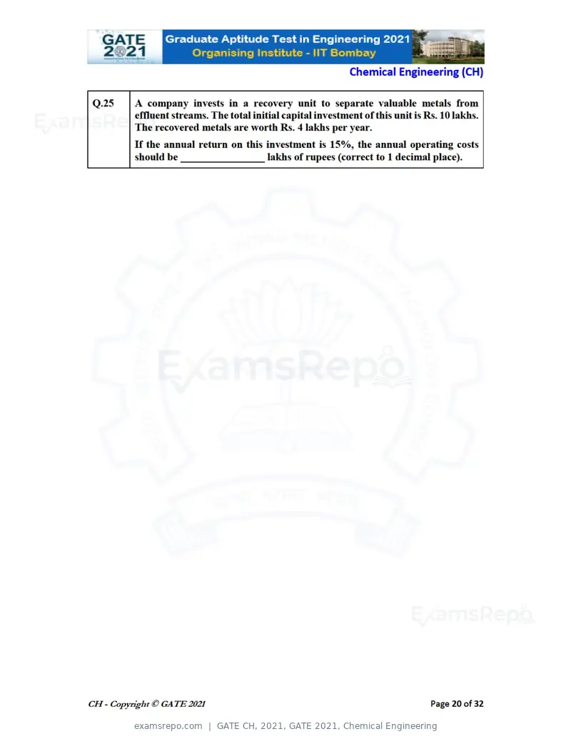 GATE CH 2021 question paper, GATE 2021, Chemical Engineering, page 20 of 35
