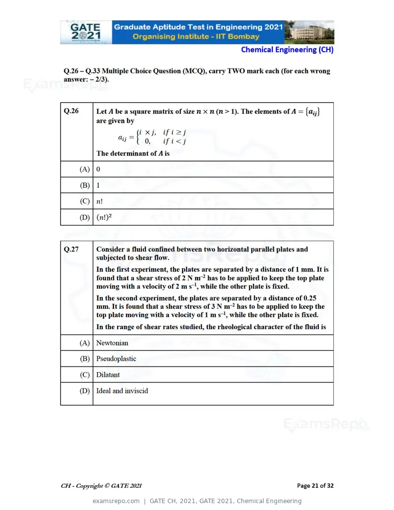 GATE CH 2021 question paper, GATE 2021, Chemical Engineering, page 21 of 35