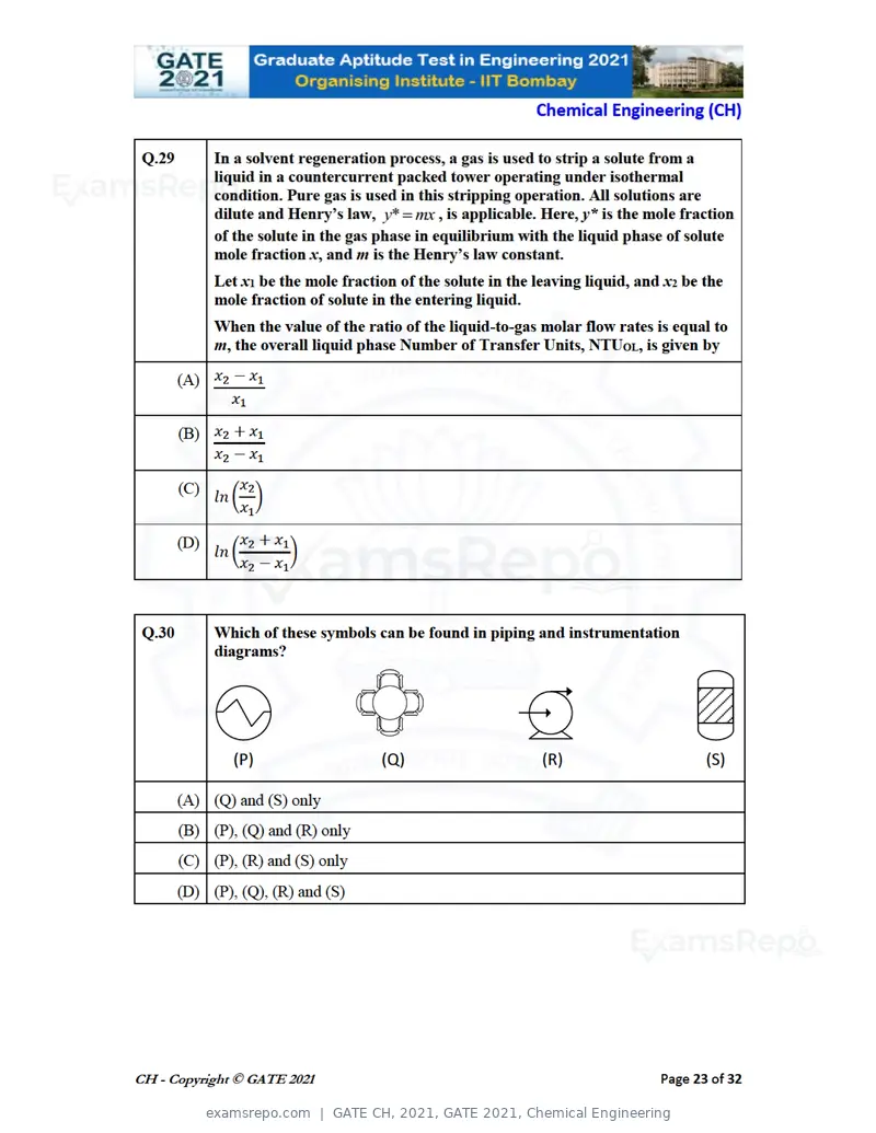 GATE CH 2021 question paper, GATE 2021, Chemical Engineering, page 23 of 35