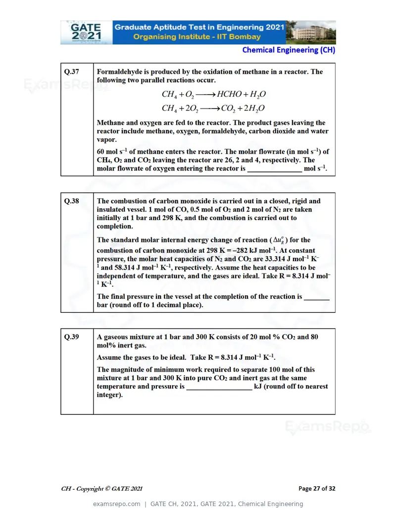 GATE CH 2021 question paper, GATE 2021, Chemical Engineering, page 27 of 35