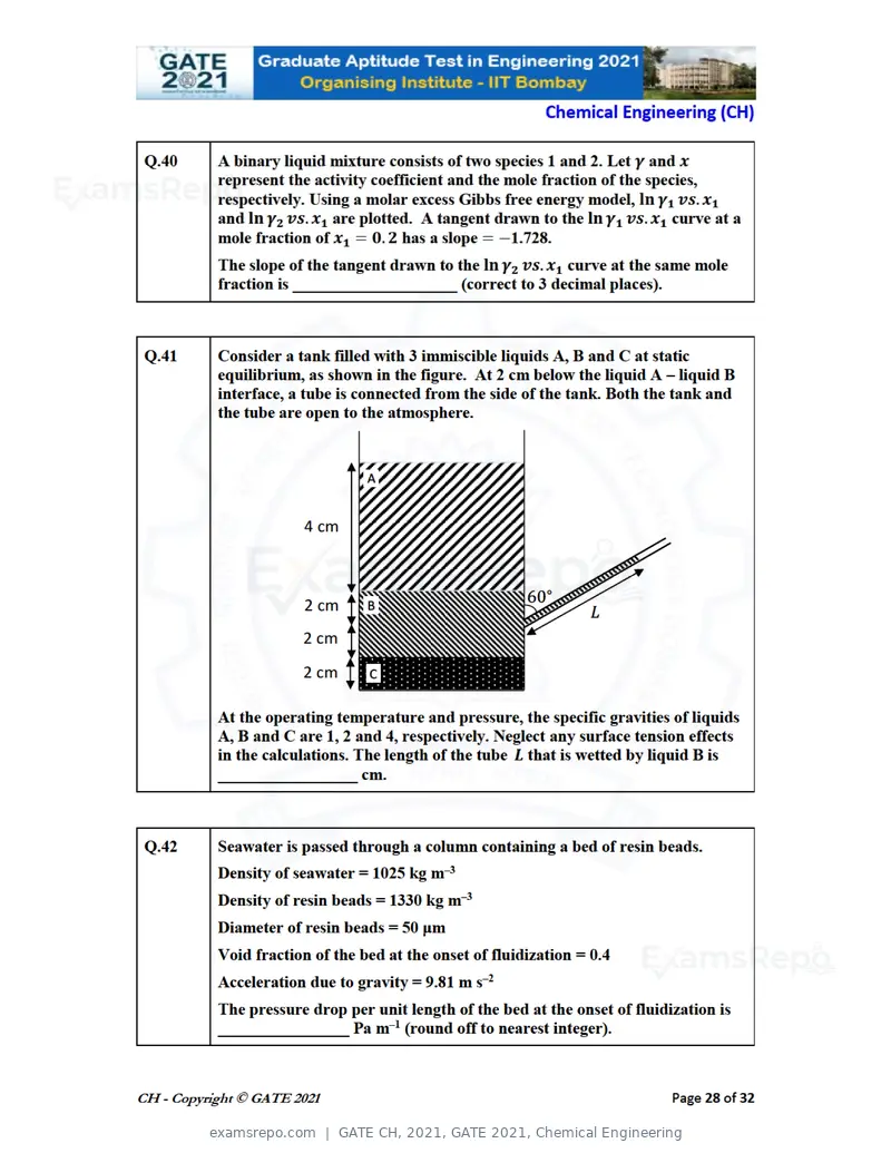 GATE CH 2021 question paper, GATE 2021, Chemical Engineering, page 28 of 35