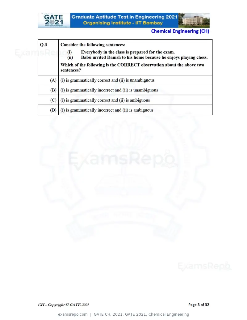 GATE CH 2021 question paper, GATE 2021, Chemical Engineering, page 3 of 35