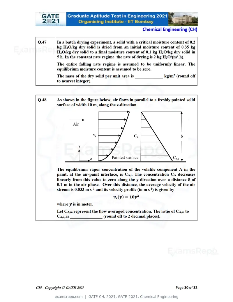 GATE CH 2021 question paper, GATE 2021, Chemical Engineering, page 30 of 35