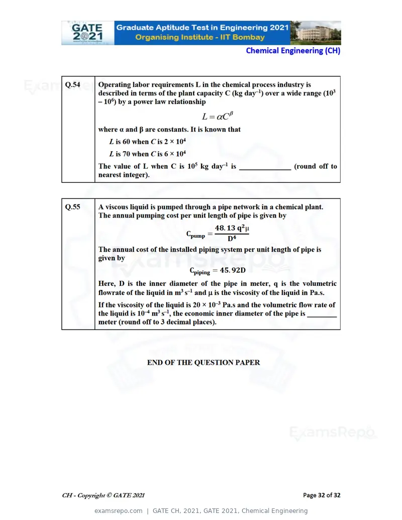 GATE CH 2021 question paper, GATE 2021, Chemical Engineering, page 32 of 35