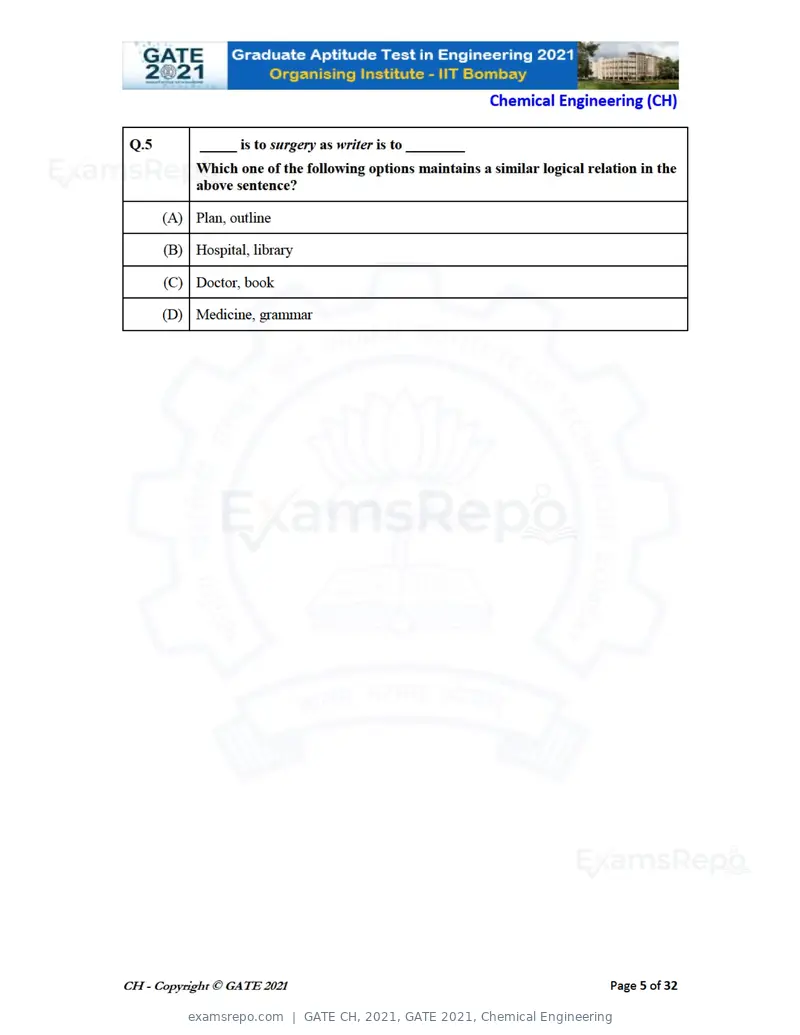 GATE CH 2021 question paper, GATE 2021, Chemical Engineering, page 5 of 35
