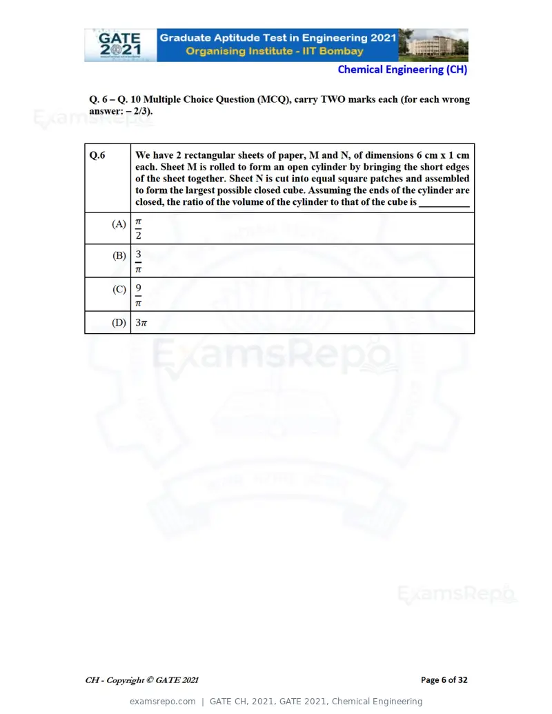 GATE CH 2021 question paper, GATE 2021, Chemical Engineering, page 6 of 35
