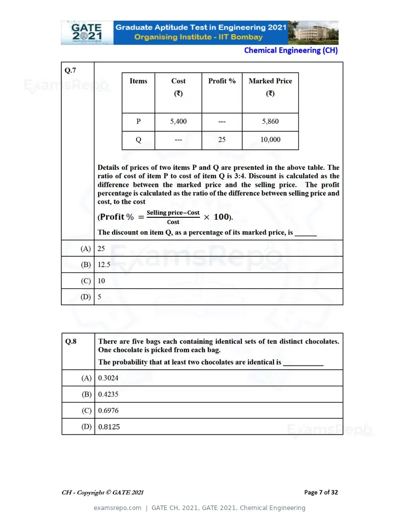 GATE CH 2021 question paper, GATE 2021, Chemical Engineering, page 7 of 35