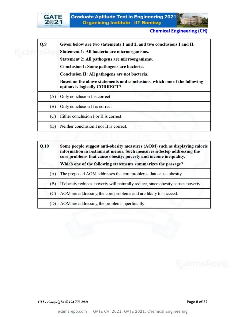 GATE CH 2021 question paper, GATE 2021, Chemical Engineering, page 8 of 35