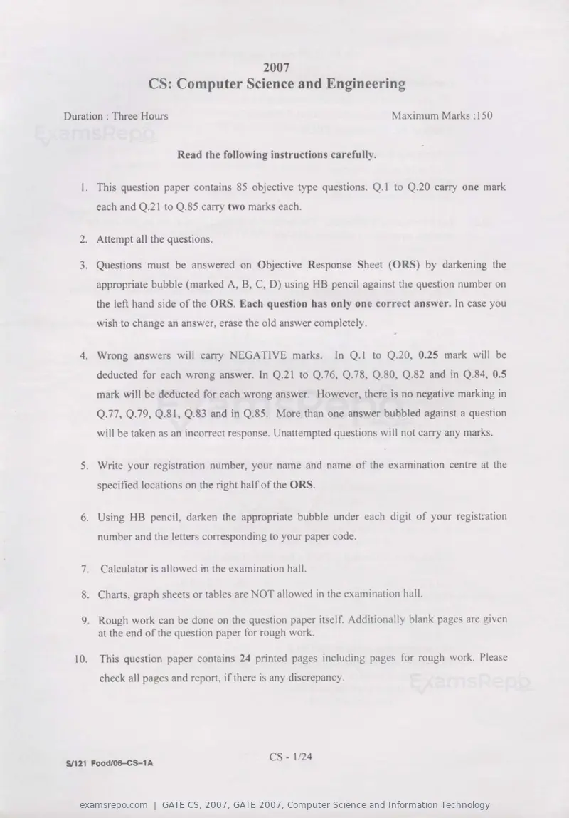 GATE CS 2007 question paper, GATE 2007, Computer Science and Information Technology, page 1 of 21