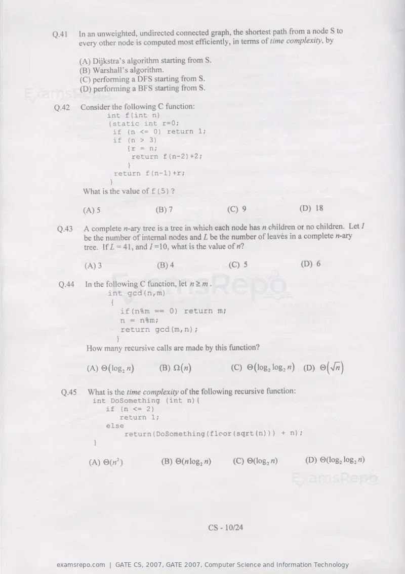 GATE CS 2007 question paper, GATE 2007, Computer Science and Information Technology, page 10 of 21