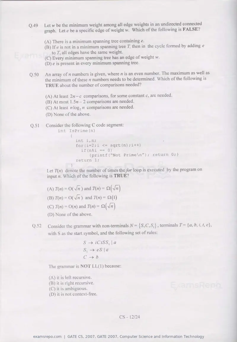 GATE CS 2007 question paper, GATE 2007, Computer Science and Information Technology, page 12 of 21