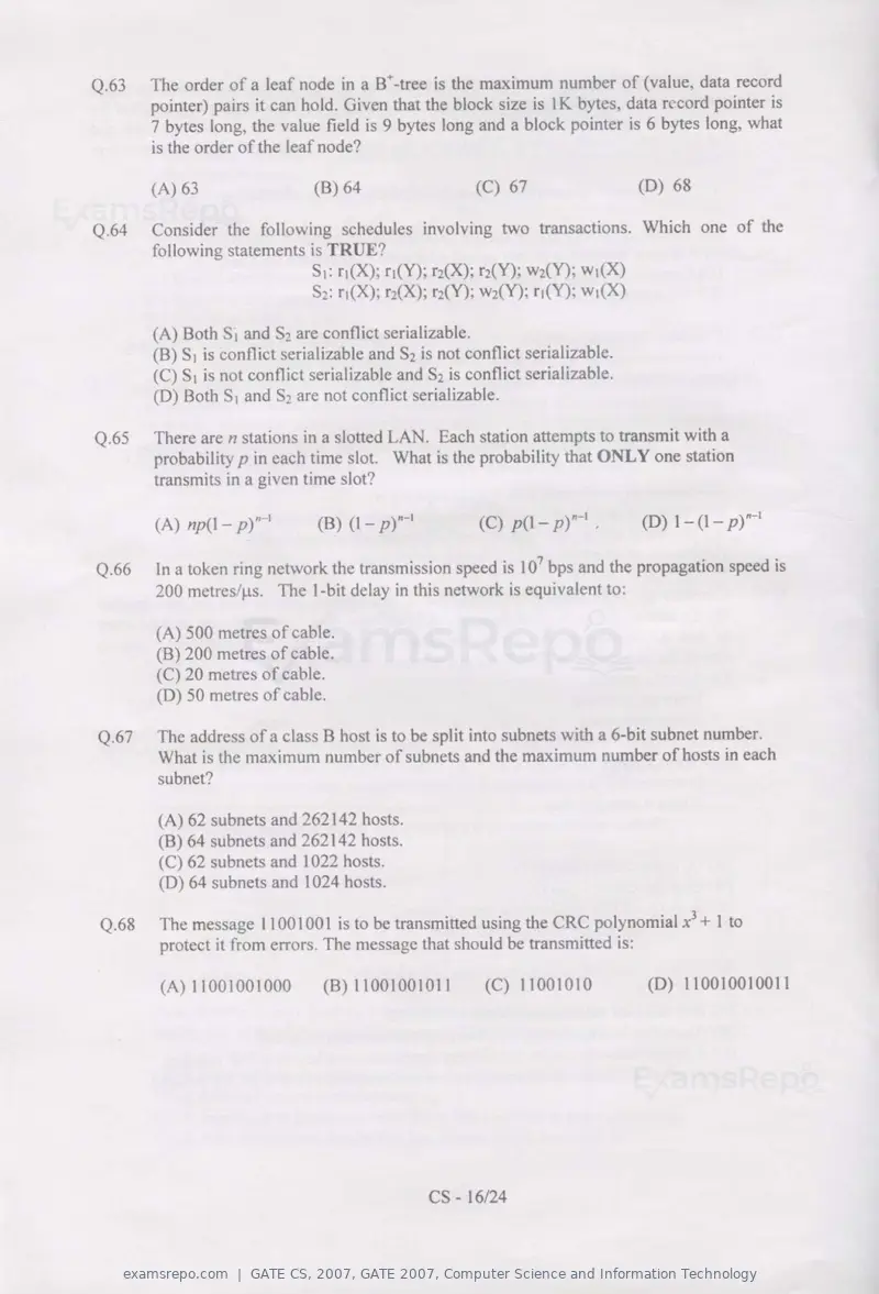 GATE CS 2007 question paper, GATE 2007, Computer Science and Information Technology, page 16 of 21