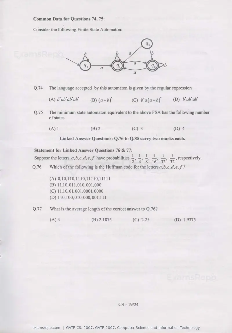 GATE CS 2007 question paper, GATE 2007, Computer Science and Information Technology, page 19 of 21