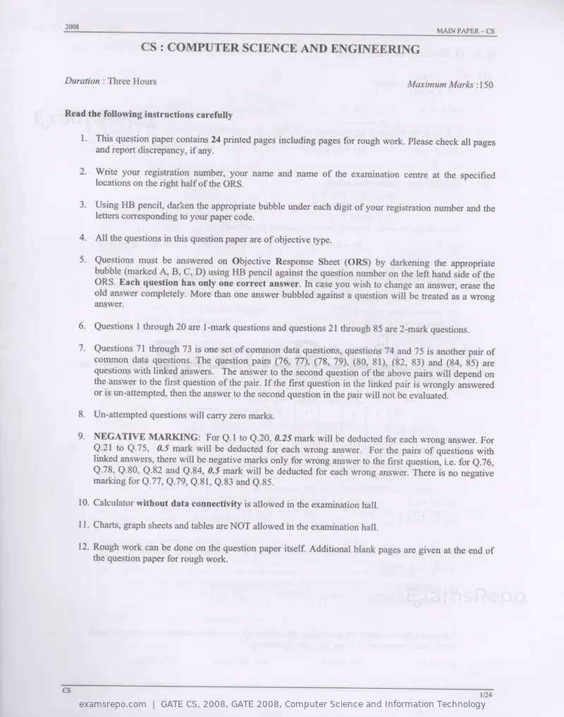 GATE CS 2008 question paper, GATE 2008, Computer Science and Information Technology, page 1 of 18