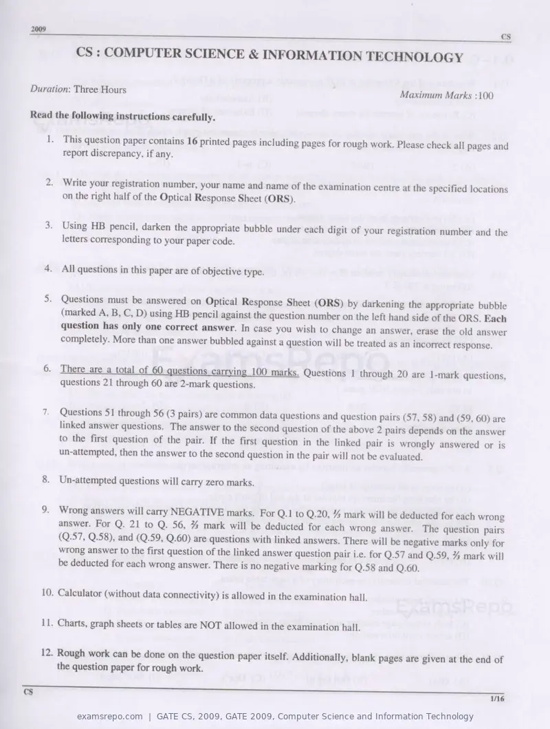 GATE CS 2009 question paper, GATE 2009, Computer Science and Information Technology, page 1 of 14