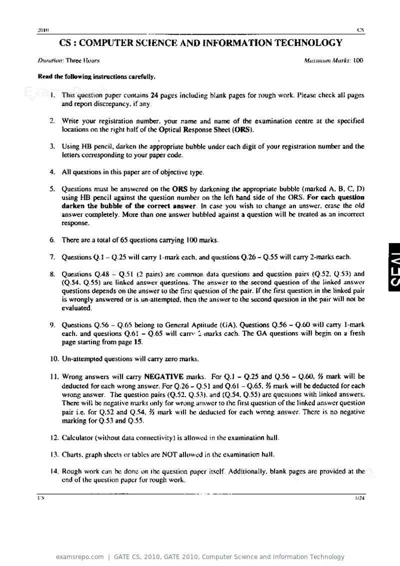 GATE CS 2010 question paper, GATE 2010, Computer Science and Information Technology, page 1 of 24