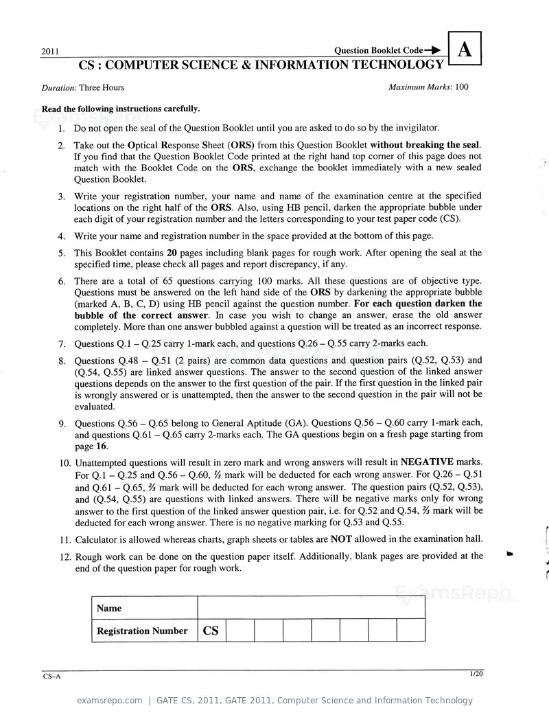 GATE CS 2011 question paper, GATE 2011, Computer Science and Information Technology, page 1 of 17
