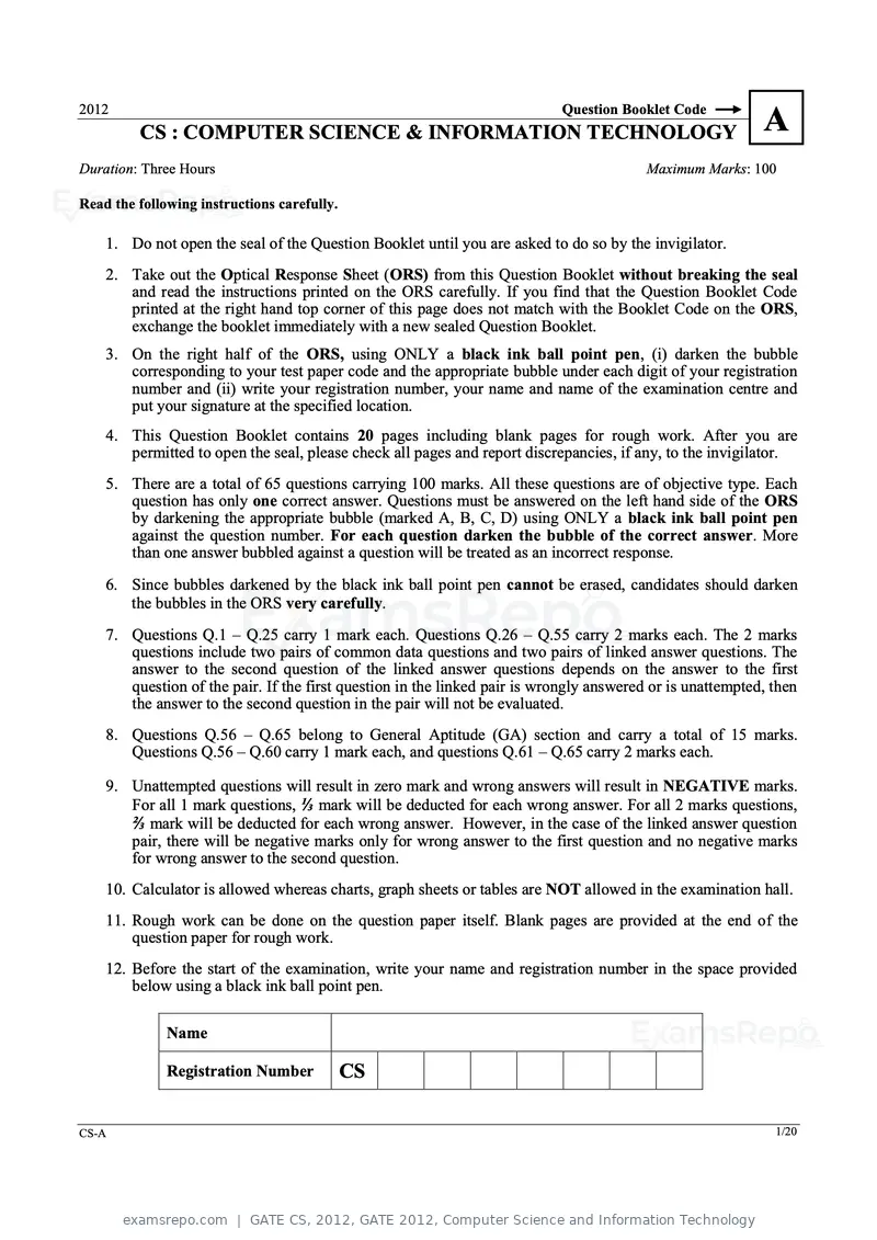 GATE CS 2012 question paper, GATE 2012, Computer Science and Information Technology, page 1 of 19