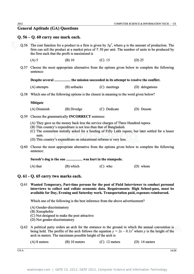GATE CS 2012 question paper, GATE 2012, Computer Science and Information Technology, page 16 of 19