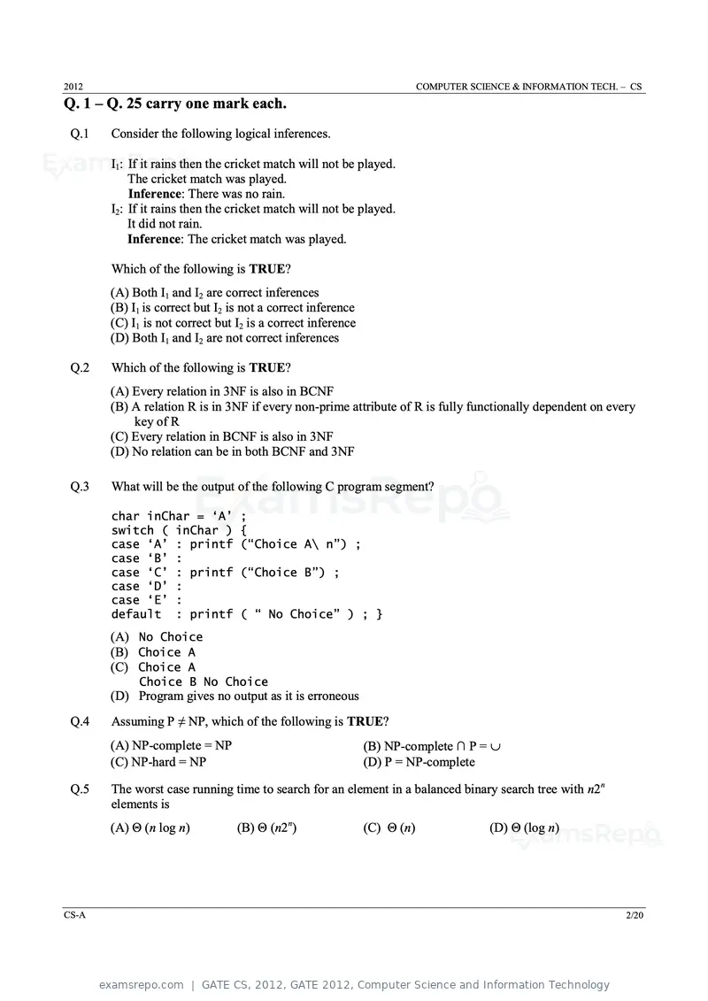 GATE CS 2012 question paper, GATE 2012, Computer Science and Information Technology, page 2 of 19