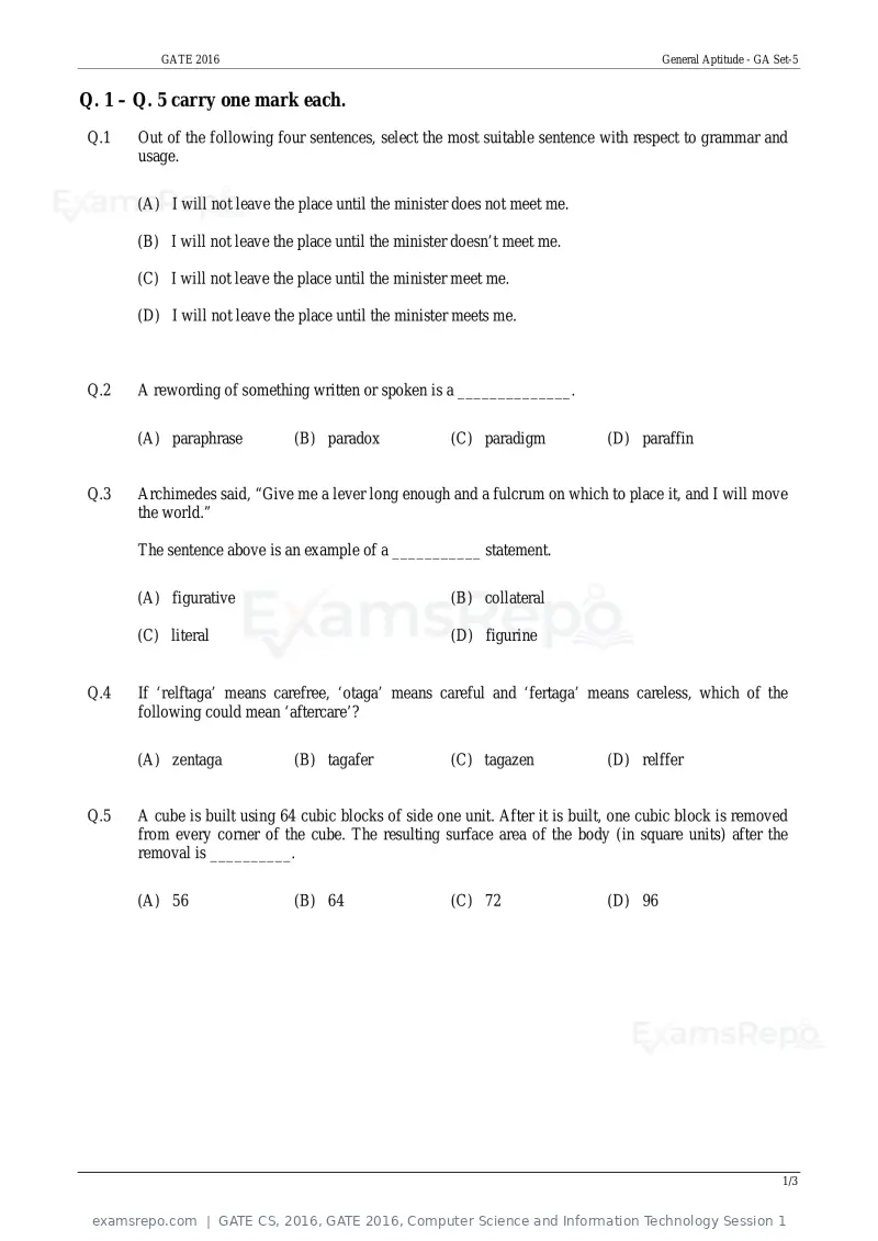 GATE CS 2016 question paper, GATE 2016, Computer Science and Information Technology Session 1, page 1 of 45