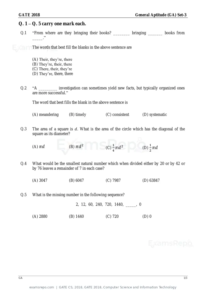 GATE CS 2018 question paper, GATE 2018, Computer Science and Information Technology, page 1 of 26