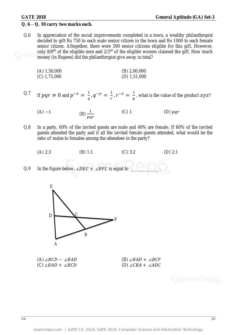 GATE CS 2018 question paper, GATE 2018, Computer Science and Information Technology, page 2 of 26