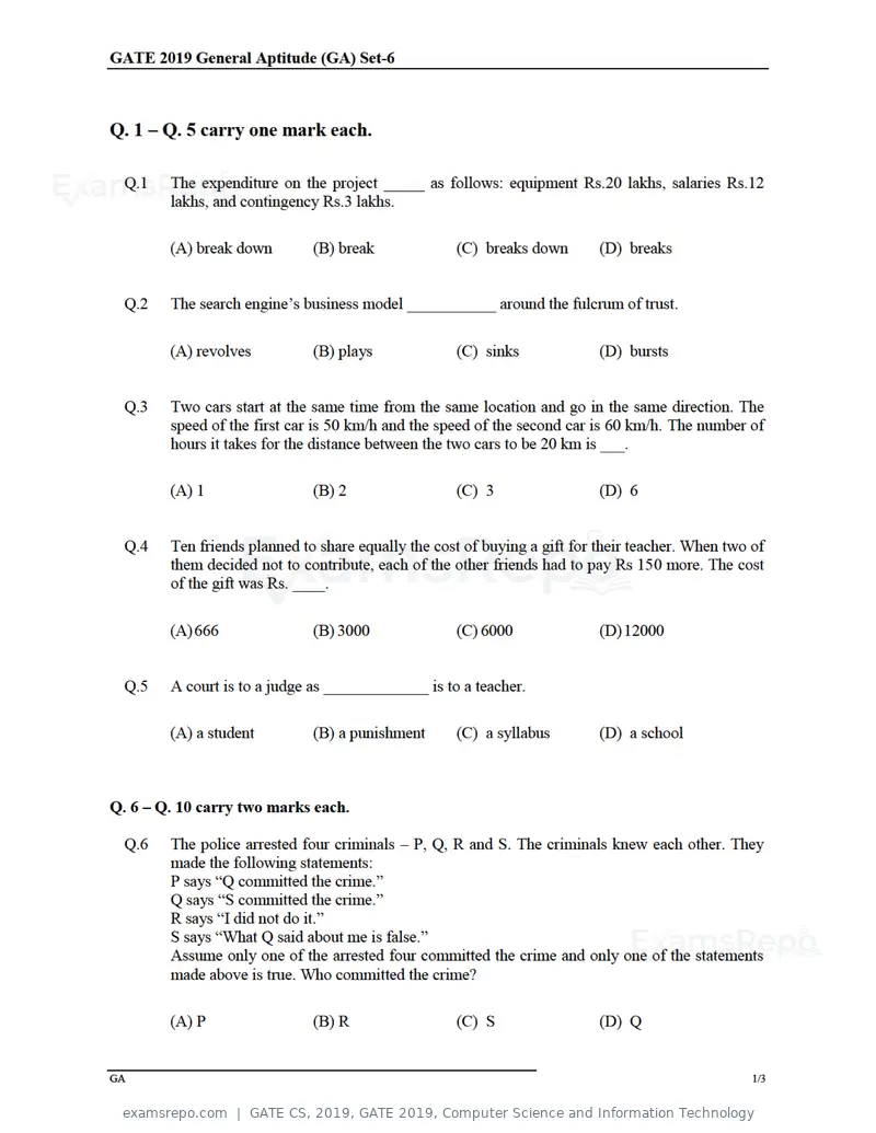 GATE CS 2019 question paper, GATE 2019, Computer Science and Information Technology, page 1 of 19