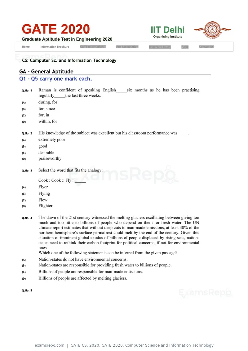 GATE CS 2020 question paper, GATE 2020, Computer Science and Information Technology, page 1 of 18