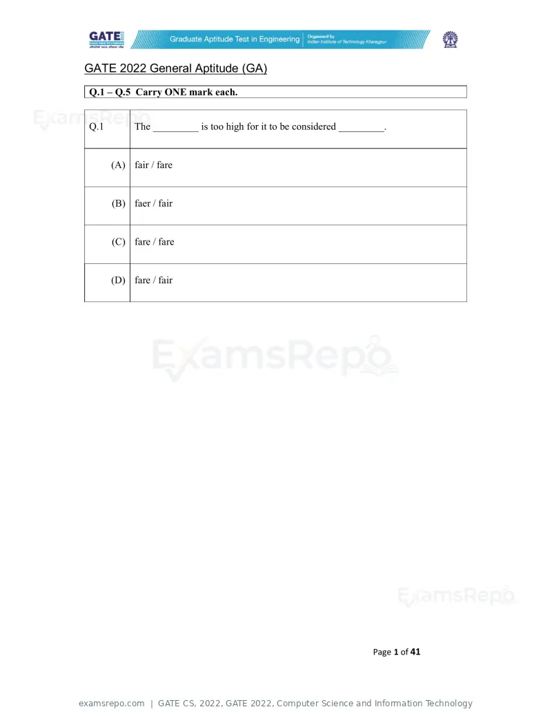 GATE CS 2022 question paper, GATE 2022, Computer Science and Information Technology, page 1 of 43