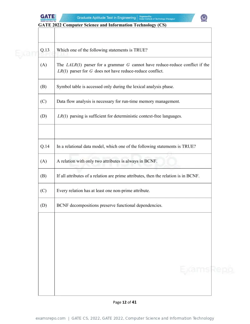 GATE CS 2022 question paper, GATE 2022, Computer Science and Information Technology, page 12 of 43