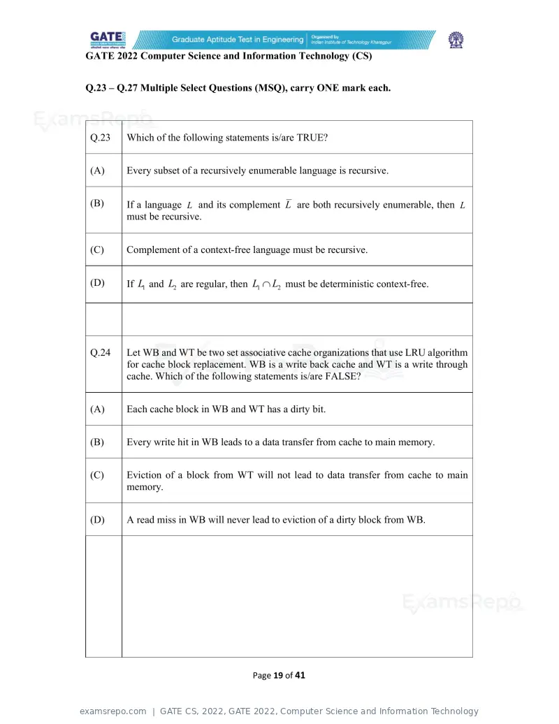 GATE CS 2022 question paper, GATE 2022, Computer Science and Information Technology, page 19 of 43
