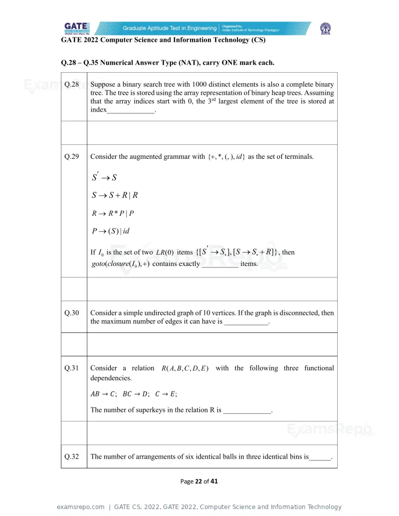 GATE CS 2022 question paper, GATE 2022, Computer Science and Information Technology, page 22 of 43