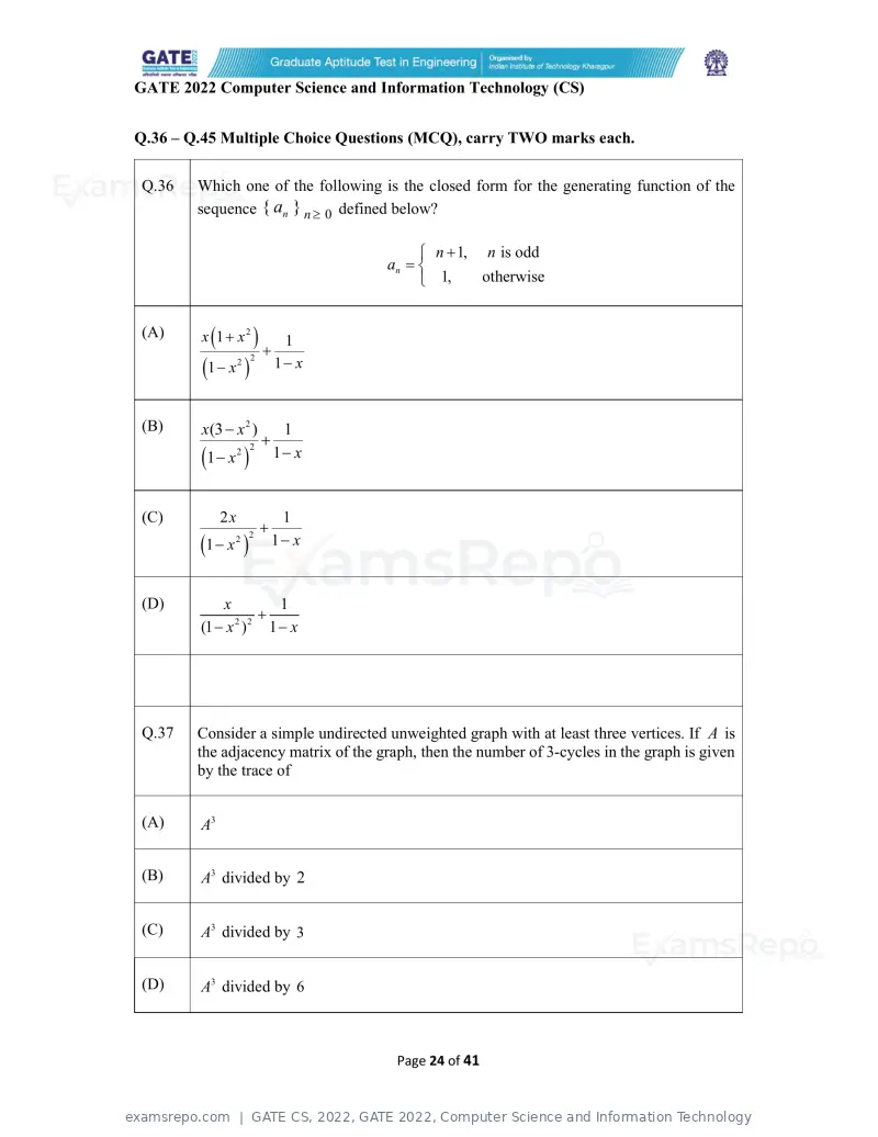 GATE CS 2022 question paper, GATE 2022, Computer Science and Information Technology, page 24 of 43