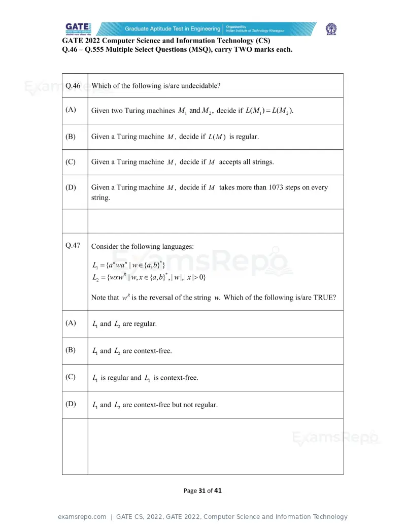 GATE CS 2022 question paper, GATE 2022, Computer Science and Information Technology, page 31 of 43