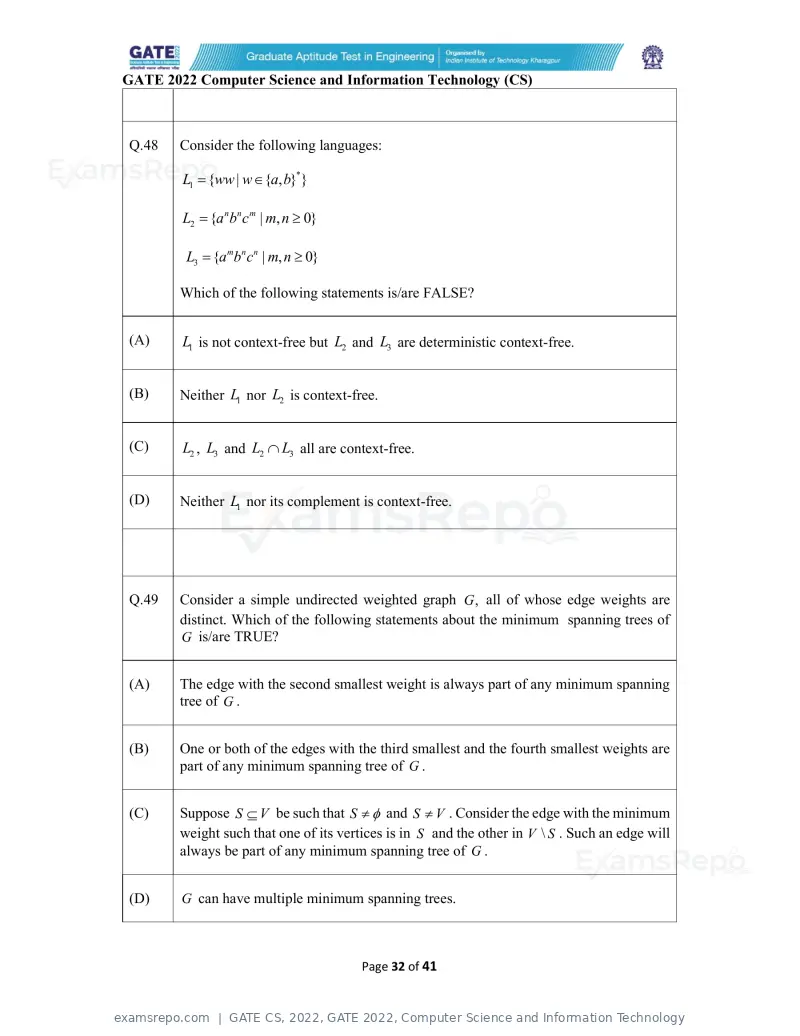 GATE CS 2022 question paper, GATE 2022, Computer Science and Information Technology, page 32 of 43