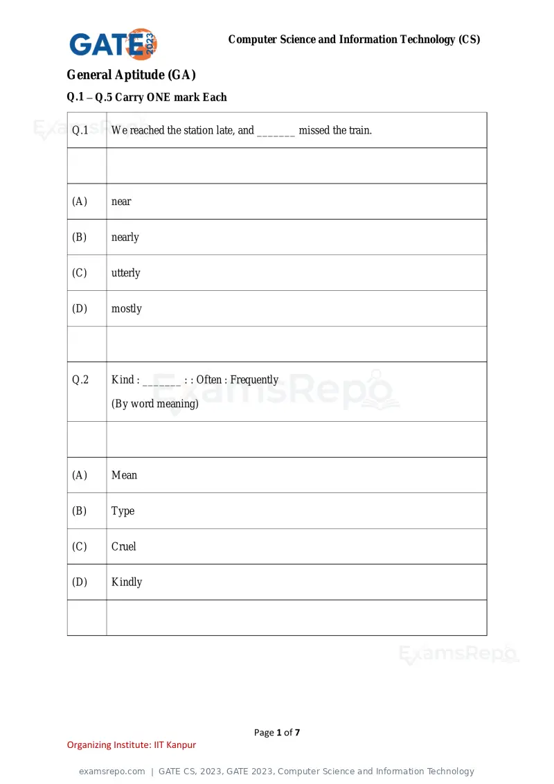 GATE CS 2023 question paper, GATE 2023, Computer Science and Information Technology, page 1 of 69