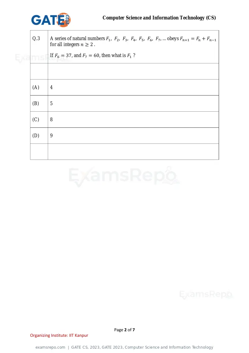 GATE CS 2023 question paper, GATE 2023, Computer Science and Information Technology, page 2 of 69