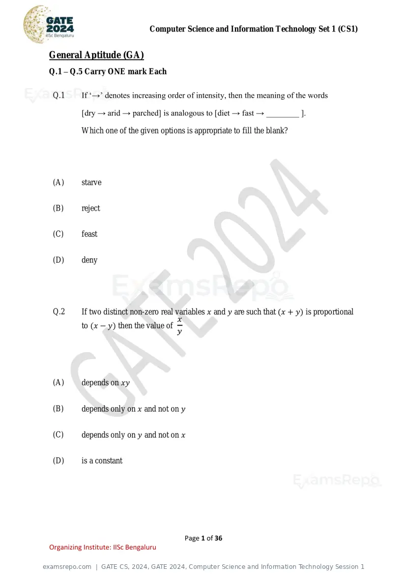 GATE CS 2024 question paper, GATE 2024, Computer Science and Information Technology Session 1, page 1 of 36