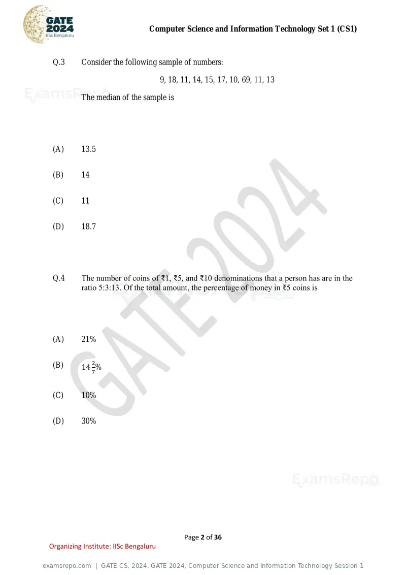 GATE CS 2024 question paper, GATE 2024, Computer Science and Information Technology Session 1, page 2 of 36