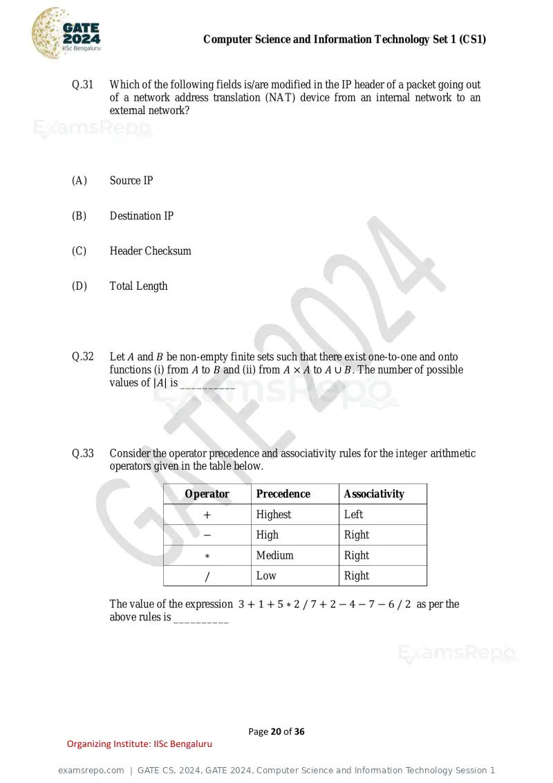 GATE CS 2024 question paper, GATE 2024, Computer Science and Information Technology Session 1, page 20 of 36