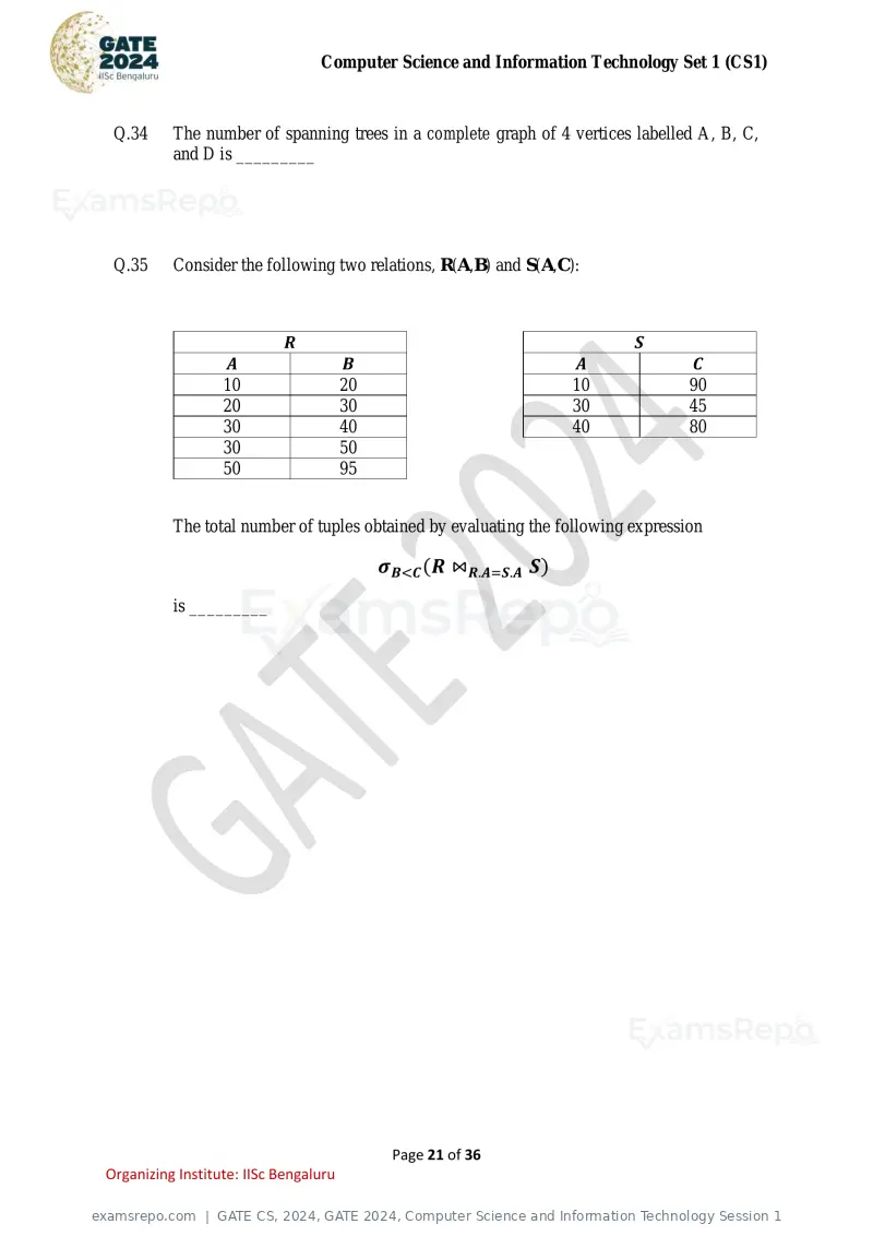 GATE CS 2024 question paper, GATE 2024, Computer Science and Information Technology Session 1, page 21 of 36