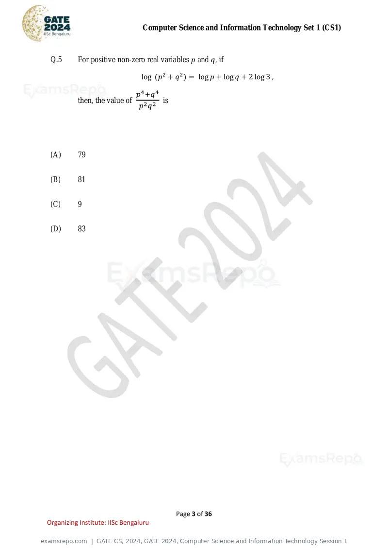 GATE CS 2024 question paper, GATE 2024, Computer Science and Information Technology Session 1, page 3 of 36