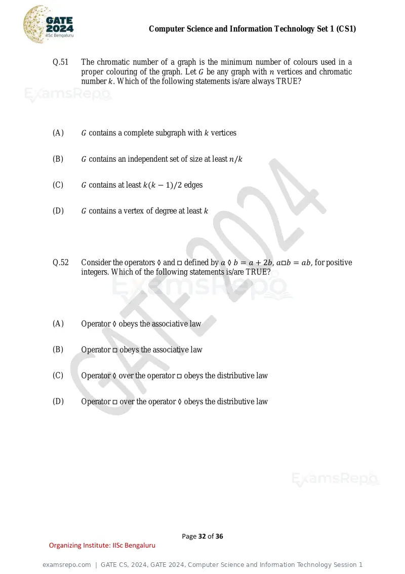 GATE CS 2024 question paper, GATE 2024, Computer Science and Information Technology Session 1, page 32 of 36