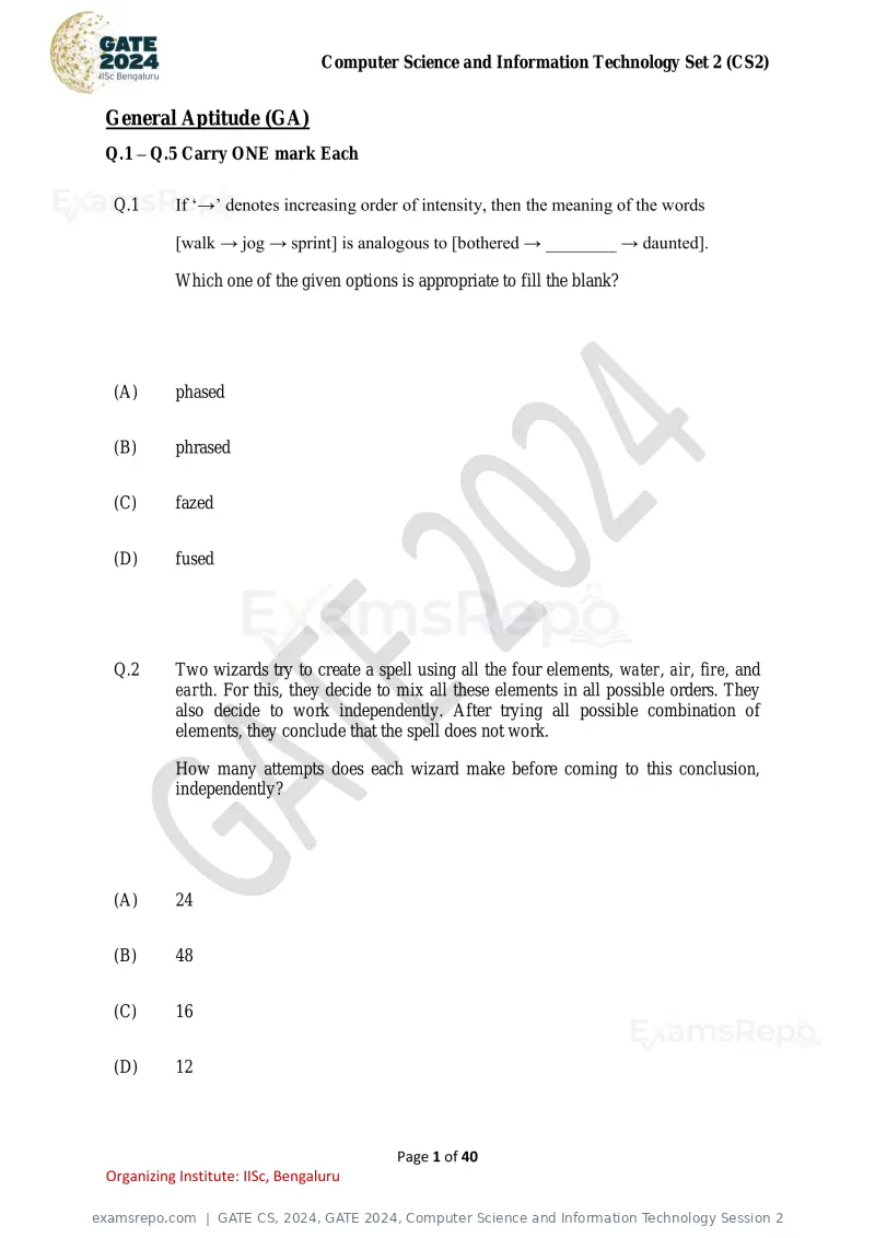 GATE CS 2024 question paper, GATE 2024, Computer Science and Information Technology Session 2, page 1 of 40