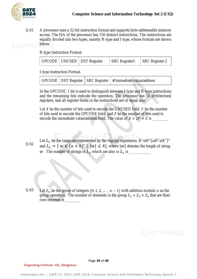 GATE CS 2024 question paper, GATE 2024, Computer Science and Information Technology Session 2, page 39 of 40