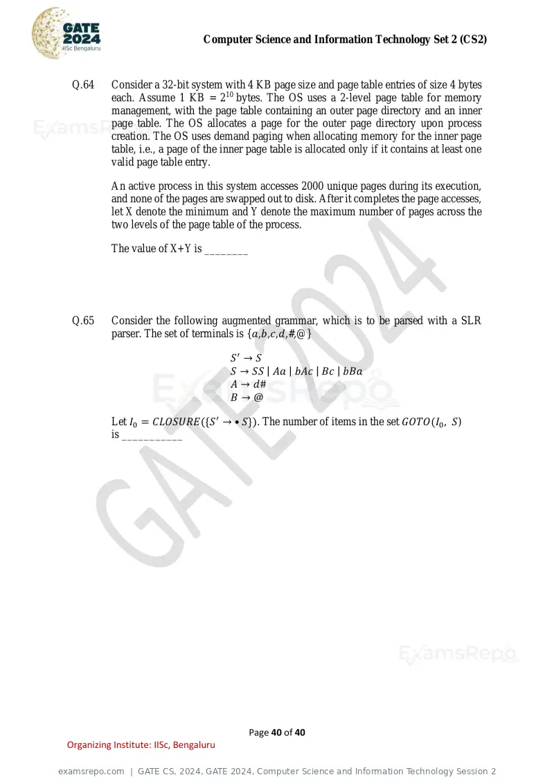 GATE CS 2024 question paper, GATE 2024, Computer Science and Information Technology Session 2, page 40 of 40