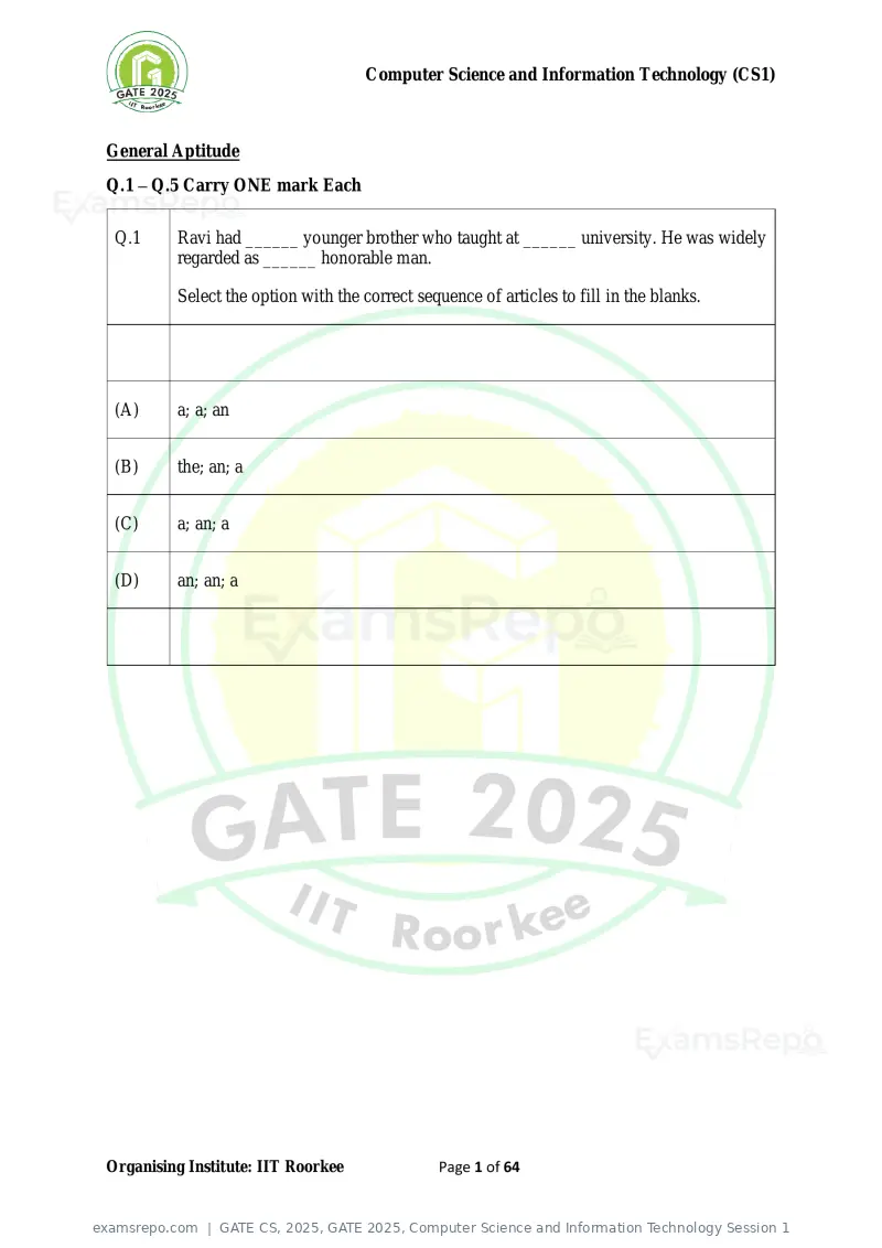 GATE CS 2025 question paper, GATE 2025, Computer Science and Information Technology Session 1, page 1 of 64
