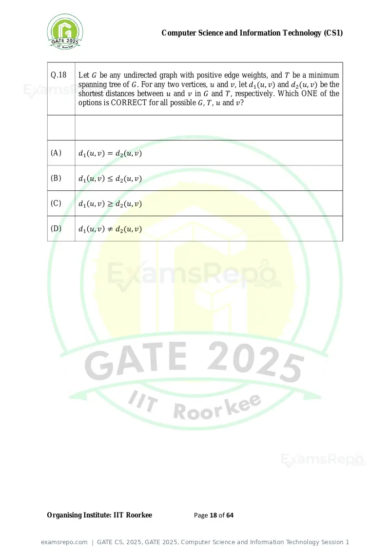 GATE CS 2025 question paper, GATE 2025, Computer Science and Information Technology Session 1, page 18 of 64